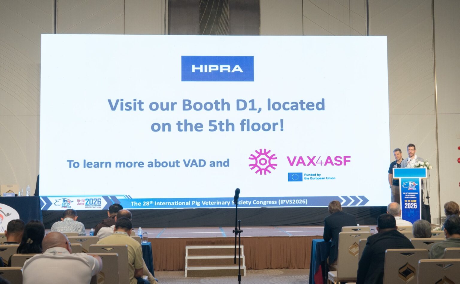 Emili Barba Vidal from HIPRA presenting the VAX4ASF project at the IPVS 2026 Congress in Ho Chi Minh City, Vietnam.
